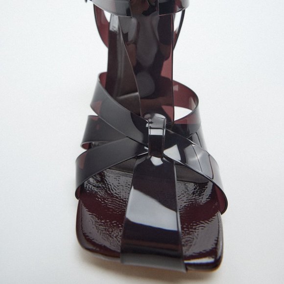 Zara Shoes Nwt Brown Vinyl Caged Heeled Sandals W Methacrylate Heel